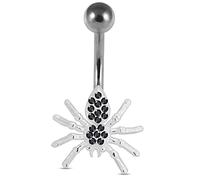 AZARIO LONDON Black Crystal Stone Trendy Spider Design Sterling Silver Belly Bars Piercing