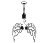 AZARIO London Black CZ Stone Cut Out Angle Wing Dangling Design 925 Sterling Silver Belly Bar Piercing