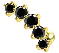 AZARIO LONDON Black CZ Stone Five Stones Curved Yellow Gold Plated Sterling Silver Tragus Piercing Jewellery - Conch Piercing Stud - Helix Earring- Cartilage Earring - Sold By Piece