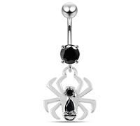 AZARIO London Black CZ Stone Spider Design Dangling 925 Sterling Silver Belly Bar Piercing Jewellery