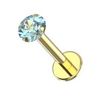 AZARIO LONDON Blue Topaz Natural Gemstone Internally Threaded Top 14K Solid Yellow Gold 16 Gauge - 6mm Length Lip Labret - Tragus, Cartilage Piercing Jewellery