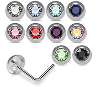 AZARIO London Box Set 20 Pieces Bezel Set Crystal Stone Top 22 Gauge 925 Sterling Silver L Bend Nose Stud Piercing