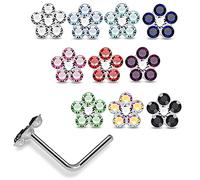 AZARIO London Box Set 20 Pieces Multi Crystal Stone Flower Top 22 Gauge 925 Sterling Silver L Bend Nose Stud Piercing