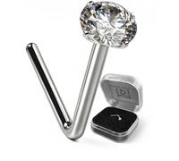 AZARIO LONDON Claw Set 2.0mm Cubic Zirconia Gemstone 9K Solid White Gold 24 Gauge (0.5mm) L Shaped Nose Stud- Tiny Nose Stud - 24 Gauge L Bend Nose Piercing Jewellery