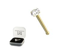 AZARIO LONDON Claw Set 2.0mm Round Cubic Zirconia Gemstone 14K Solid Yellow Gold 22 Gauge Nose Bone Nose Stud Piercing Jewellery