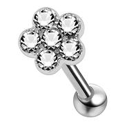 AZARIO LONDON Clear Crystal Stone Five Petals Flower 925 Sterling Silver Cartilage Earrings- Tragus Ring/Conch Piercing Stud/Helix Earring- Silver Barbell Stud- 16 Gauge Stud