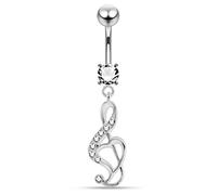 AZARIO LONDON Clear Crystal Stone Music Note Dangling Design 925 Sterling Silver Belly Bar Piercing
