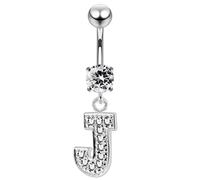 AZARIO LONDON Clear CZ Stone J Alphabet Dangling Silver Belly Bar - Steel & Silver Navel Jewelry- Navel Ring Dangle- Belly Button Rings- 14G Curved Barbell