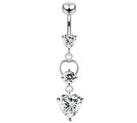 AZARIO LONDON Clear CZ Stone Triple Heart Dangling 925 Sterling Silver Belly Bar Piercing Jewellery