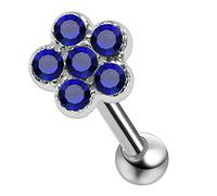 AZARIO LONDON Dark Blue Crystal Stone Five Petals Flower 925 Sterling Silver Cartilage Earrings- Tragus Ring/Conch Piercing Stud/Helix Earring- Silver Barbell Stud- 16 Gauge Stud