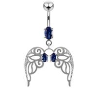 AZARIO London Dark Blue CZ Stone Cut Out Angle Wing Dangling Design 925 Sterling Silver Belly Bar Piercing