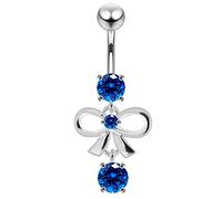 AZARIO LONDON Dark Blue CZ Stone Cute Ribbon Bow Dangling Silver Belly Bar - Steel & Silver Navel Jewelry- Navel Ring Dangle- Belly Button Rings- 14G Curved Barbell