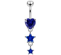 AZARIO LONDON Dark Blue Cz Stone Heart with Two Star Dangling Design 925 Sterling Silver with Stainless Steel Belly Bar - Navel Jewellery - Belly Button Ring Body Jewellery