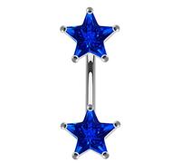 AZARIO LONDON Dark Blue Jeweled Twin Stars Double Side Sterling Silver Belly Bars Piercing