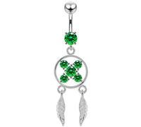 AZARIO LONDON Dark Green Crystal Stone Dream Catcher Flower Dangling Sterling Silver Belly Bars Piercing