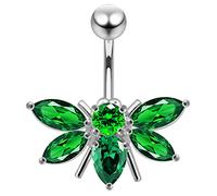 AZARIO LONDON Dark Green Crystal Stone Fancy Bee Shape Sterling Silver Belly Bars Piercing