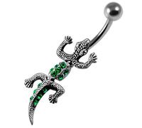 AZARIO LONDON Dark Green Crystal Stone Trendy Gecko Design Sterling Silver Belly Bars Piercing