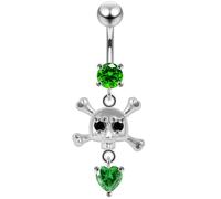 AZARIO LONDON Dark Green Crystal Stone Trendy Skull and Heart Design Sterling Silver Belly Bars Piercing