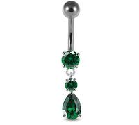 AZARIO LONDON Dark Green Crystal Stone Triple Round and Teardrop Design Sterling Silver Belly Bars Piercing