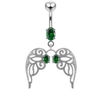 AZARIO London Dark Green CZ Stone Cut Out Angle Wing Dangling Design 925 Sterling Silver Belly Bar Piercing