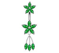 AZARIO London Dark Green CZ Stone Daisy Flower with Leaf Dangling 925 Sterling Silver Double Side Belly Bar Piercing