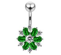 AZARIO London Dark Green CZ Stone Mini Double Layer Flower Design 925 Sterling Silver Belly Bar Piercing