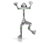 AZARIO LONDON Dark Green Jeweled Jumping Frog Double Side Sterling Silver Belly Bars Piercing