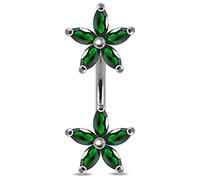 AZARIO LONDON Dark Green Jeweled Twin Daisy Flowers Double Side Sterling Silver Belly Bars Piercing