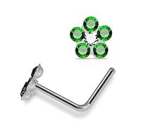 AZARIO LONDON Dark Green Multi Crystal Flower 22 Gauge 925 Sterling Silver L Bend Nose Piercing