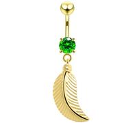 AZARIO LONDON Dark Green Round Cz Stone with Plain Feather Dangling 18K Yellow Gold Plated Silver Belly Bar - Steel & Silver Navel Jewelry - 14 Gauge Belly Bar