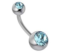 AZARIO LONDON Double Light Blue Crystal Stone Ball 14 Gauge - 10mm Length 316L Surgical Steel Belly Bar - Steel Navel Jewelry - 14G Curved Barbell Belly Button Ring