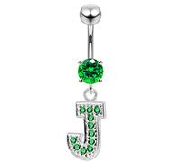 AZARIO LONDON Emerald CZ Stone J Alphabet Dangling Silver Belly Bar - Steel & Silver Navel Jewelry- Navel Ring Dangle- Belly Button Rings- 14G Curved Barbell
