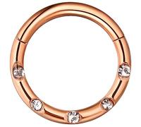 AZARIO LONDON Five Paved Crystal Gemstone 16 Gauge - 12mm Diameter Rose Gold Anodized Surgical Steel Clicker Hinged Segment Ring Helix Cartilage Earring Tragus Hoop Ring Piercing Jewellery