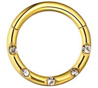 AZARIO LONDON Five Paved Crystal Gemstone 16 Gauge - 7mm Diameter Gold Anodized Surgical Steel Clicker Hinged Segment Ring Helix Cartilage Earring Tragus Hoop Ring Piercing Jewellery