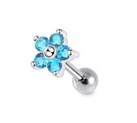 AZARIO LONDON Flower with Five Rounds Aqua CZ Stone 925 Sterling Top with 16 Gauge Surgical Steel Cartilage Helix Tragus Ear Piercing Jewellery - Sold by Piece