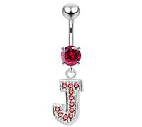 AZARIO LONDON Fuchsia - Red CZ Stone J Alphabet Dangling Silver Belly Bar - Steel & Silver Navel Jewelry- Navel Ring Dangle- Belly Button Rings- 14G Curved Barbell