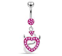 AZARIO LONDON Fuschia Crystal Stone Trendy Devil's Heart Design Sterling Silver Belly Bars Piercing