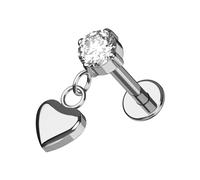 AZARIO LONDON G23 Grade Titanium Round Cz Stone with Dangling Heart Design Push Fit Top 16 Gauge - 8mm Length Lip Labret - Tragus Bar Piercing - Labret Stud Helix - Tragus Earring