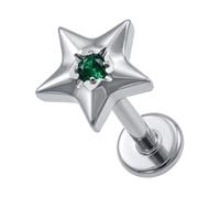 AZARIO LONDON G23 Grade Titanium Twin Five-Point Star with Green Cz Stone Design Push Fit Top 16 Gauge - 9mm Length Lip Labret - Tragus Bar Piercing - Labret Stud Helix - Tragus Earring