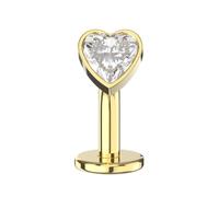 AZARIO LONDON Gold Anodized G23 Grade Titanium Heart with Cz Stone Push Fit Top 14 Gauge - 10mm Length Labret Floating Belly Bar - Flat Back Navel Piercing jewellery