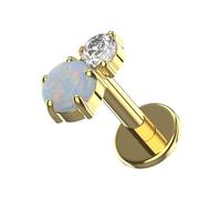 AZARIO LONDON Gold Anodized G23 Grade Titanium Peanut Duo CZ and AB White Opal Design Push Fit Top 16 Gauge - 6mm Length Lip Labret Stud - Tragus Earring - Cartilage, Helix - Tragus Piercing Jewelry