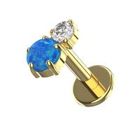 AZARIO LONDON Gold Anodized G23 Grade Titanium Peanut Duo CZ and Blue Opal Design Push Fit Top 18 Gauge - 10mm Length Lip Labret Stud - Tragus Earring - Cartilage, Helix - Tragus Piercing Jewelry