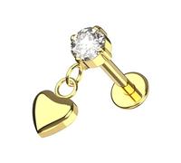 AZARIO LONDON Gold Anodized G23 Grade Titanium Round Cz Stone with Dangling Heart Design Push Fit Top 16 Gauge - 8mm Length Lip Labret - Tragus Bar Piercing - Labret Stud Helix - Tragus Earring
