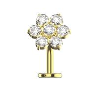 AZARIO LONDON Gold Anodized G23 Grade Titanium Studded Flower Cz Stones Push Fit Top 14 Gauge - 8mm Length Labret Floating Belly Bar - Flat Back Navel Piercing jewellery