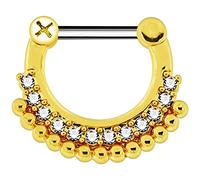 AZARIO LONDON Gold Anodized Single Line Micro Paved Crystal Stone with Tribal Dot 16 Gauge 316L Surgical Steel Clicker Septum Ring Piercing