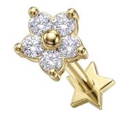 AZARIO LONDON Gold Plated 925 Sterling Silver Studded Flower Cz Stone Push Fit Top 16 Gauge - 9mm Length Star Base Lip Labret - Tragus Bar Piercing - Conch, Helix Labret Stud - Tragus Earring