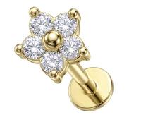 AZARIO LONDON Gold Plated 925 Sterling Silver Studded Flower Cz Stone Push Fit Top 16 Gauge - 9mm Length Round Base Lip Labret - Tragus Bar Piercing - Conch, Helix Labret Stud - Tragus Earring