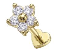 AZARIO LONDON Gold Plated 925 Sterling Silver Studded Flower Cz Stone Push Fit Top 16 Gauge - 9mm Length Heart Base Lip Labret - Tragus Bar Piercing - Conch, Helix Labret Stud - Tragus Earring