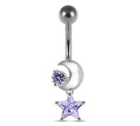 AZARIO LONDON Lavender Crystal Stone Trendy Moon and Star Design Sterling Silver Belly Bars Piercing