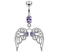 AZARIO London Lavender CZ Stone Cut Out Angle Wing Dangling Design 925 Sterling Silver Belly Bar Piercing